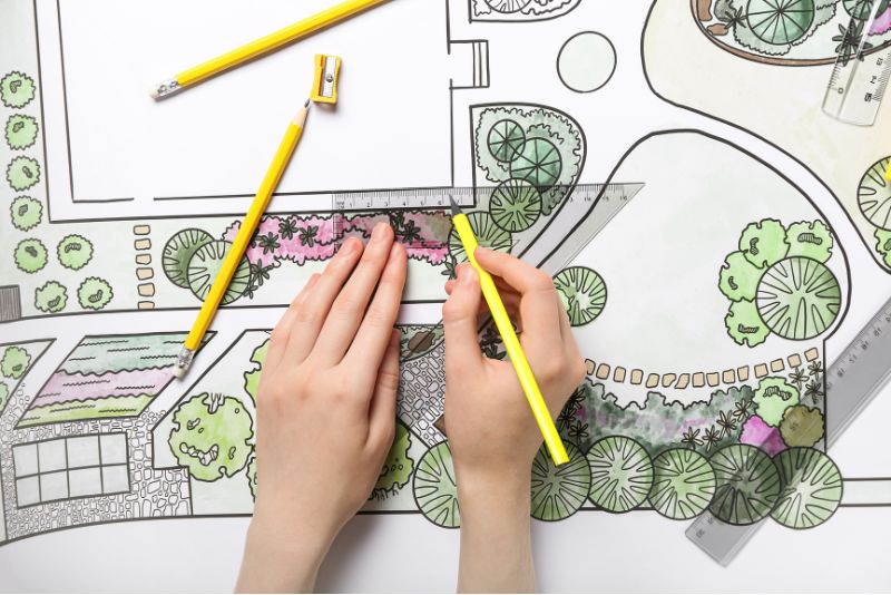 A picture of a landscape plan outlining the plan and design of the landscape